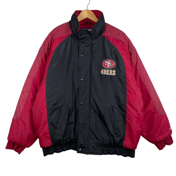 Vtg NFL Logo Athletic San Francisco 49ers Puffer Jacket Black Red Check Adult XL - Picture 1 of 16
